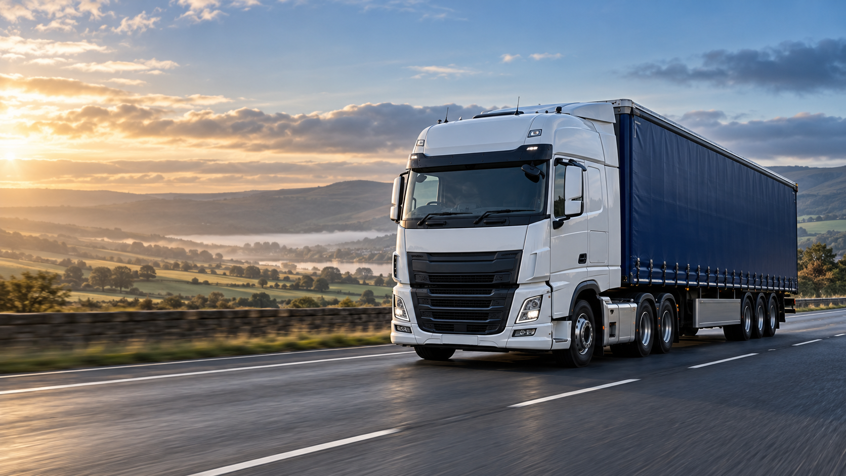 Illustrative white articulated lorry with a blue curtainsider trailer